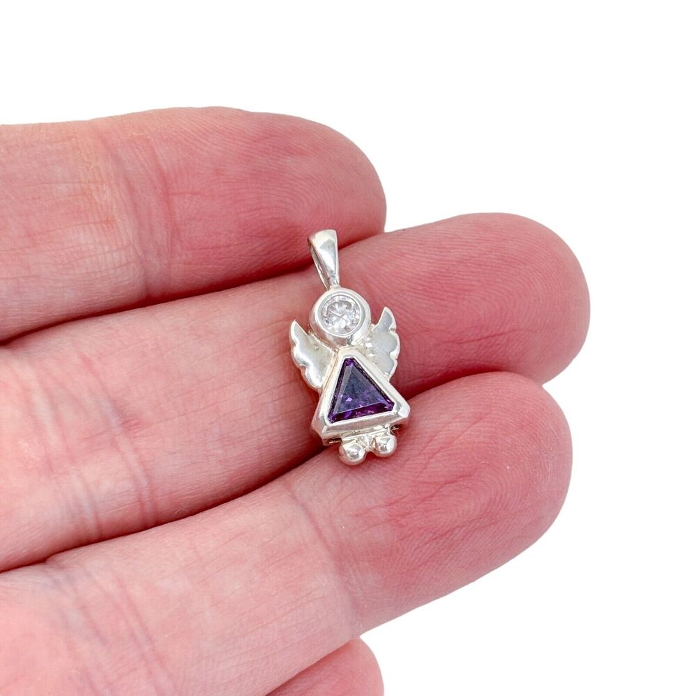 Estate Sterling Silver 925 Purple Cubic Zirconia Angel Girl Charm Pendant